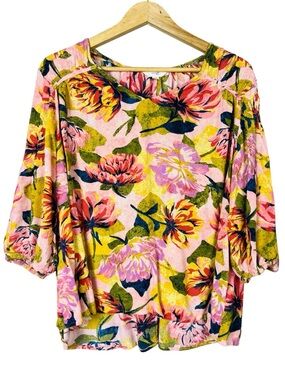 Terra & Sky Pink Floral Tunic with Puff Sleeves